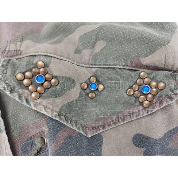 Western Denim Bank Jeans Co Jacket Green Camo Military Embroidered Studded Med - Picture 12 of 15